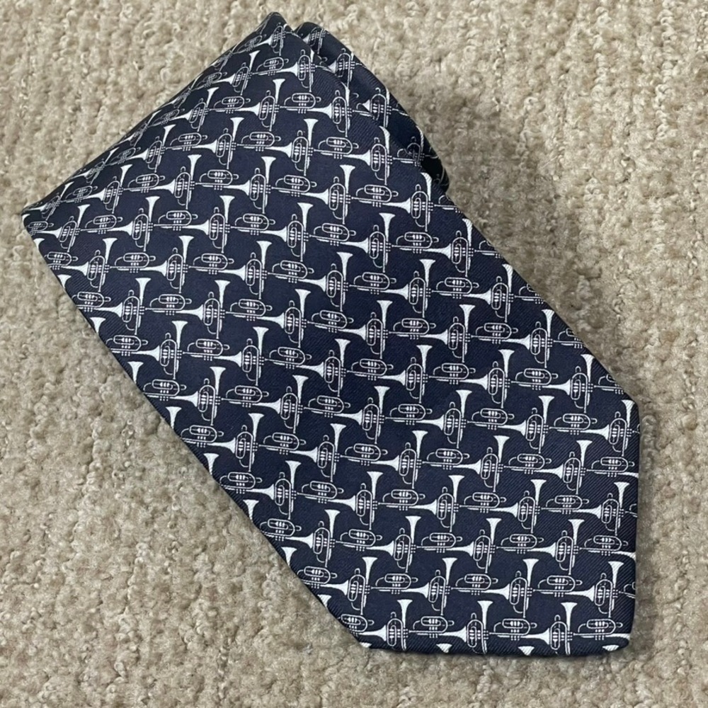 Frangi Necktie Mens‎ AOP Navy Blue Novelty Trumpet Musical Instrument Silk Italy